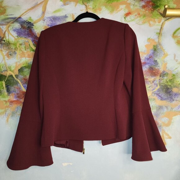 Calvin Klein Burgundy Bell Sleeve Blazer Jacket Gold Zipper Women's 8 - Picture 8 of 10